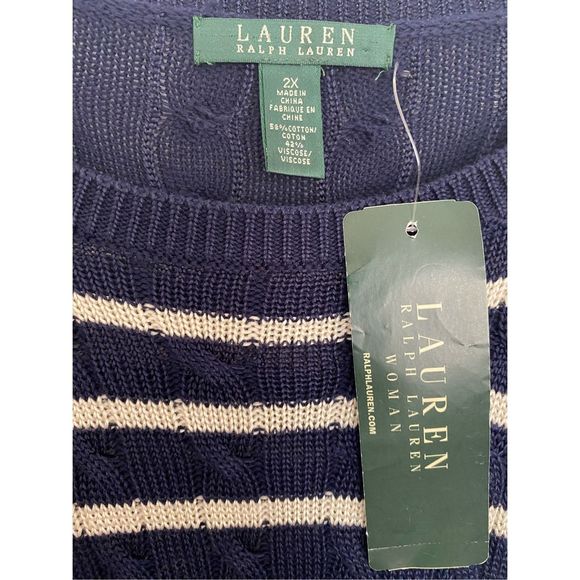 Lauren Ralph Lauren Navy White Striped Cable Knit Sweater Sz 2X - Picture 3 of 7